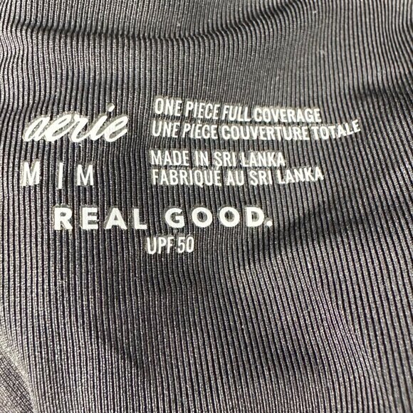 One Shoulder Black Ribbed Cutout Swimsuit Full Coverage UPF 50 Medium Aerie - Picture 4 of 11